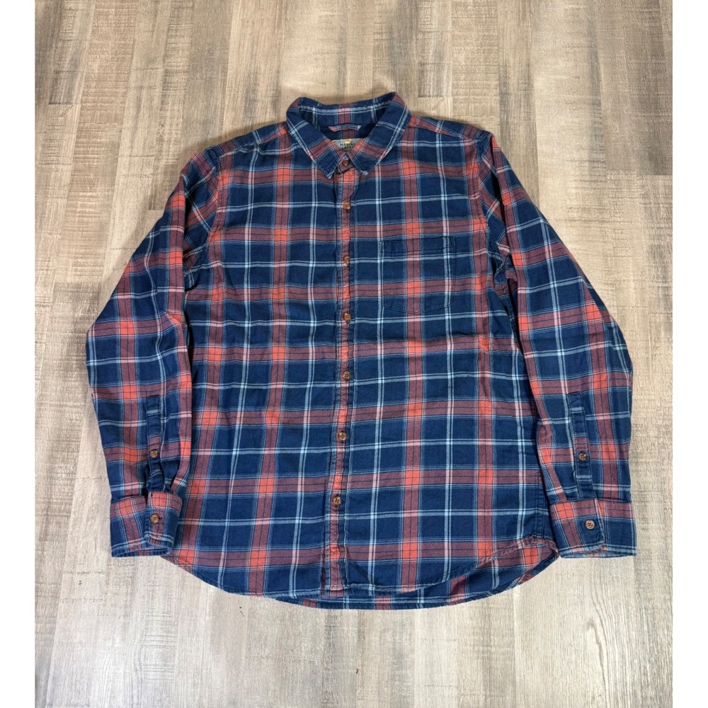 Marine Layer Mens Navy Blue Red Plaid Cotton Button Down Flannel Shirt Medium